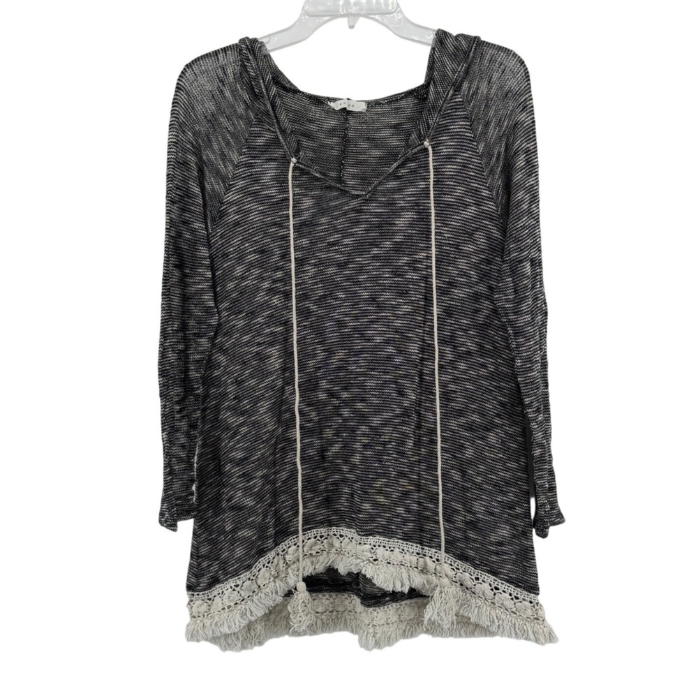 Entro Knit Top Hooded Black Womens Boho Peasant Flowy Crochet Fringe Size Medium